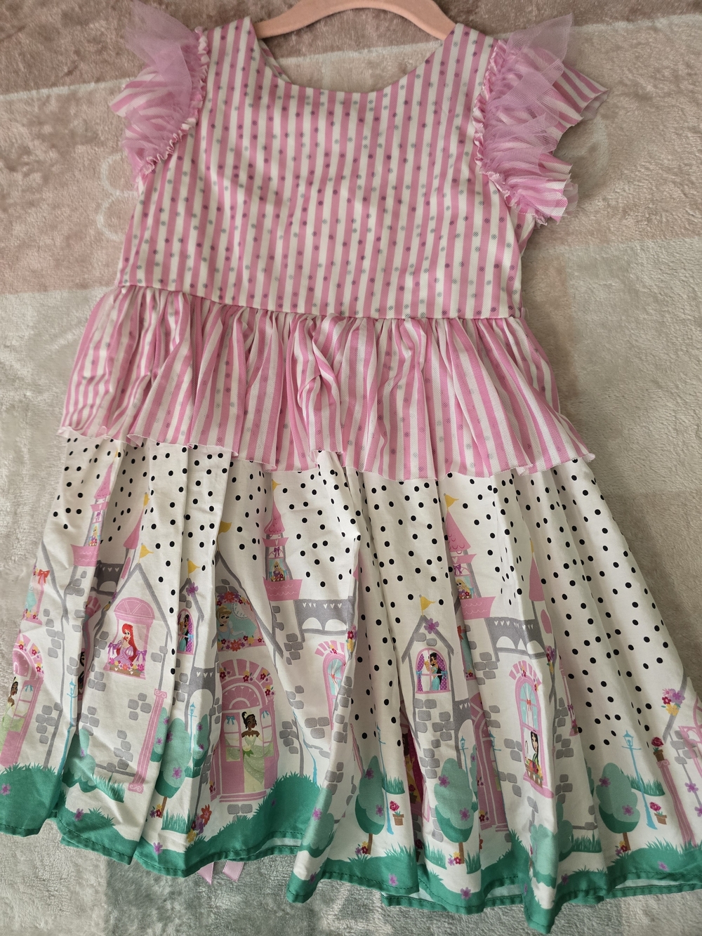 Girls Pink Striped & Castle Print Party Dress